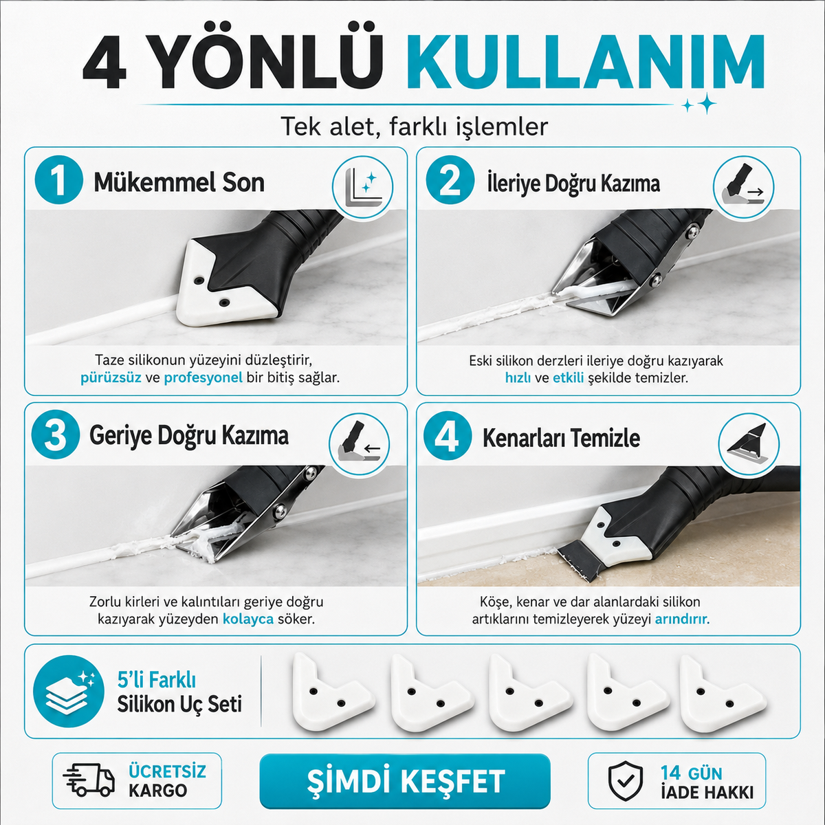Derz Clean™ Derz & Silikon Kazıyıcı ve Uygulayıcı Seti